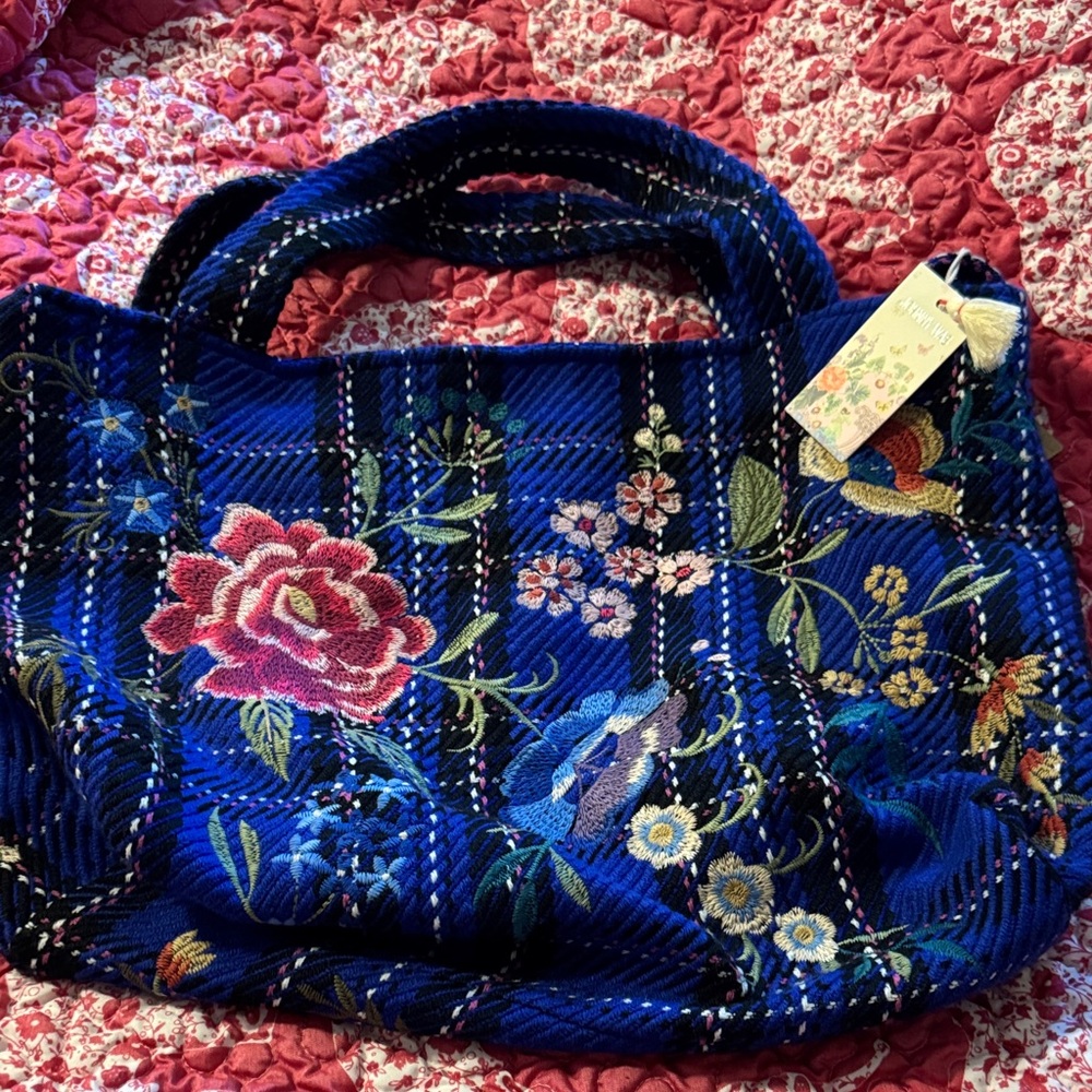 Johnny Was Blue Floral Embroidered Tote